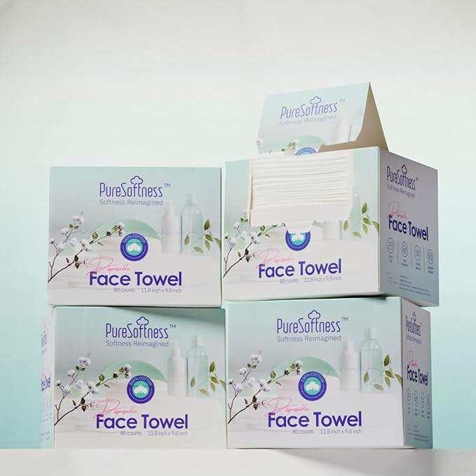 PureSoftness Luxuriously Soft Disposable Face Towel, 100% Cotton, Extra Large 12" x 10" Ultra Soft Dry Wipe for Face Wash, Makeup Remover, Bio-Based Towelette for Sensitive Skin 320 Count (4 Pack)