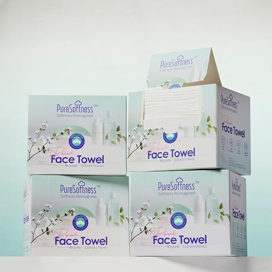 PureSoftness Luxuriously Soft Disposable Face Towel, 100% Cotton, Extra Large 12" x 10" Ultra Soft Dry Wipe for Face Wash, Makeup Remover, Bio-Based Towelette for Sensitive Skin 320 Count (4 Pack)