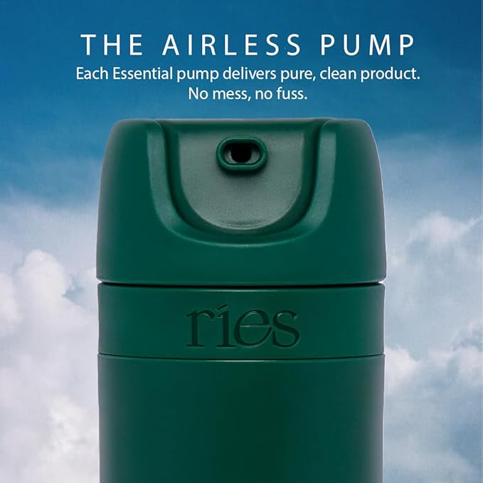 RIES Essential Refillable Toiletry Travel Bottles – Set of 5 (3.4oz & 1.7oz) Airless Pump Containers for Shampoo, Conditioner, Body, Face – Leak-Proof, TSA-Approved, Dishwasher Safe- Escapade Green