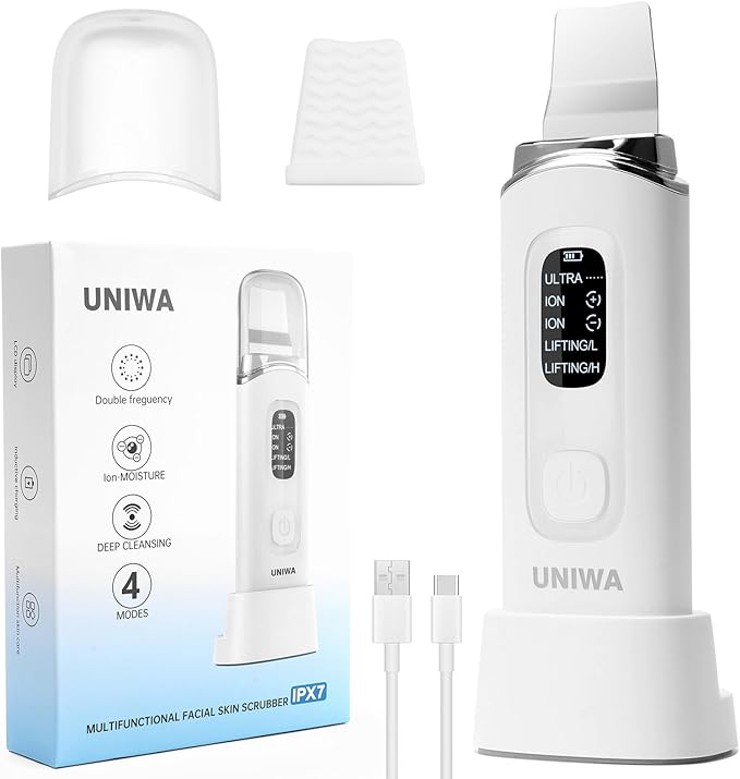 UNIWA Skin Scrubber Face Spatula, Ultrasonic Skin Scrubber Skin Spatula Pore Cleaner Blackhead Remover Tool for Facial Deep Cleansing-4 Modes, with LCD Display, IPX6 Waterproof - White