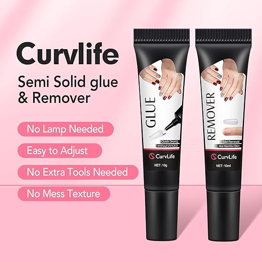 Curvlife Soft Quick Drying 10g Semi Solid Nail Glue with 10ml Remover with Cuticle Pusher Nail Art for Press On Nails Tips No Need for UV Lamp Long Lasting