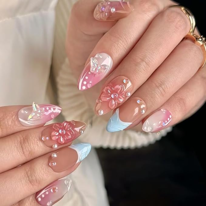 Press On Nails,Luxury Medium Almond 3D False Nails Women Reusable ABS Material Finger Printed Nail Tip French Salon Design-Medium size