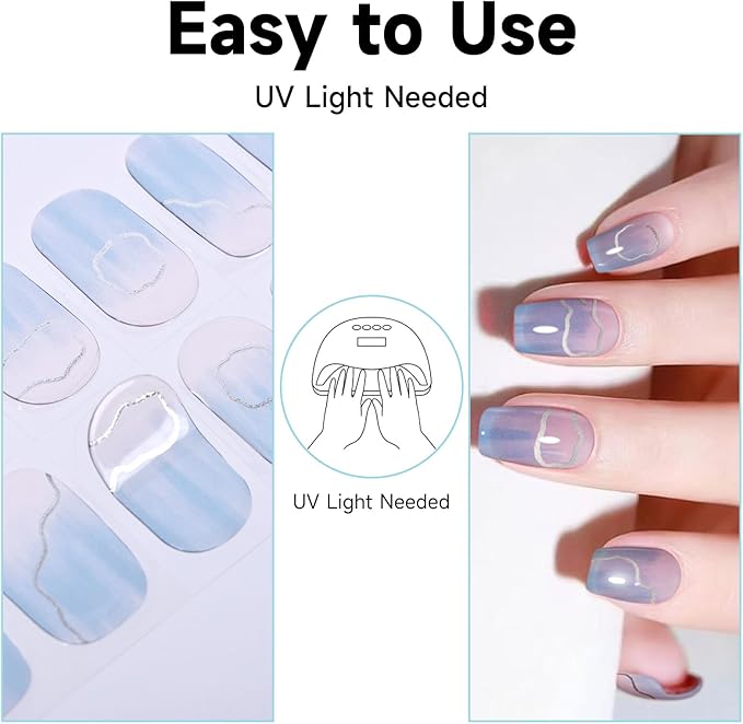 DUKASOU Semi Cured Gel Nail Strips, 56Pcs Nail Art Stickers/Wraps, Long Lasting UV Nail Polish Strips for Adults(Blue+Pink)