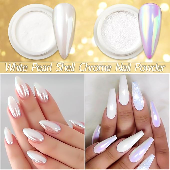 6 Colors Chrome Nail Powder,Gold Silver Super Metallic Effect Chrome Powder for Nails,Holographic Mirror Glitter White Pearl Pigment Dust Kit for Gel Polish Nail Art Decoration Manicure Nail Supplies