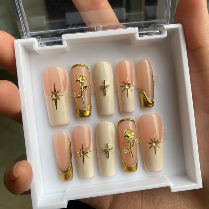 Medium Women Press On Nails - Medium Coffin False Nails 10Pcs Luxury Handmade 3D Painting Art ABS Acrylic Artificial Fingernails-M-size
