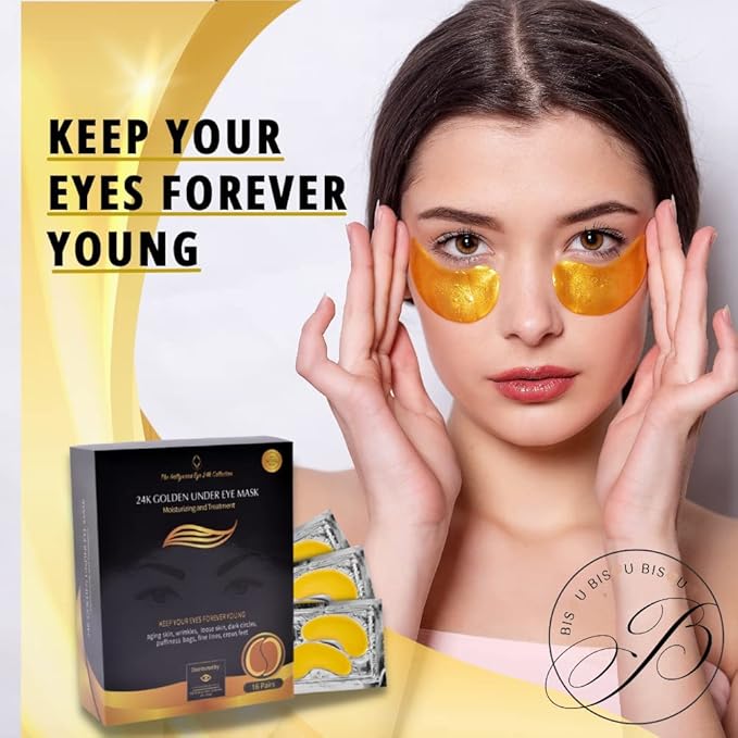 24K Gold Under Eye Patches – Eye Masks for Puffy Eyes & Dark Circles, Under Eye Treatment for Hydration & Brightening, Eye Care Skincare – 32 Pairs