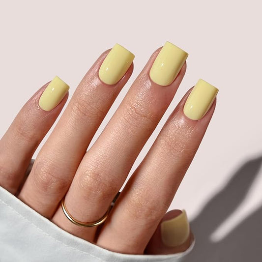 BTArtbox Press On Nails Short - Pastel Yellow Square Press On Nails with Glue for Women, Opaque Soft Gel Glue On Nails in 16 Sizes - 32 Stick On Nails Kit, Lemon Sprint