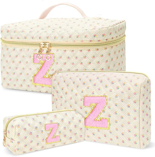 3 PCS Travel Makeup Bag Set, A–Z Initials Cotton Quilted Cosmetic Bag for Women & Preppy, Personalized Toiletry Bag Travel Accessories Makeup Brushes Organizer, Valentine’s Day & Birthday Gift for Her