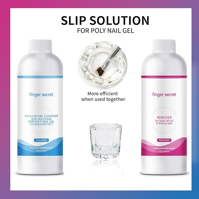 BEVINAS Nail Polish Remover Kit Nail Polish Remover & Slip Solution Polish Remover for Nails Slip Solution for Poly Gel Nails with Glass Cup Nail Cleaning pads