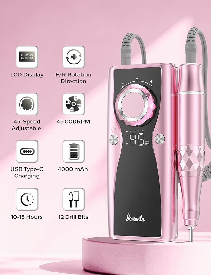Electric Nail Drill Professional Kit: 45,000 RPM USB Rechargeable Efile Nail Drill Nail File with 12 Bits for Polishing Gel/Acrylic Nails- Portable Manicure Tool Set for Salon/Home-Rose Gold