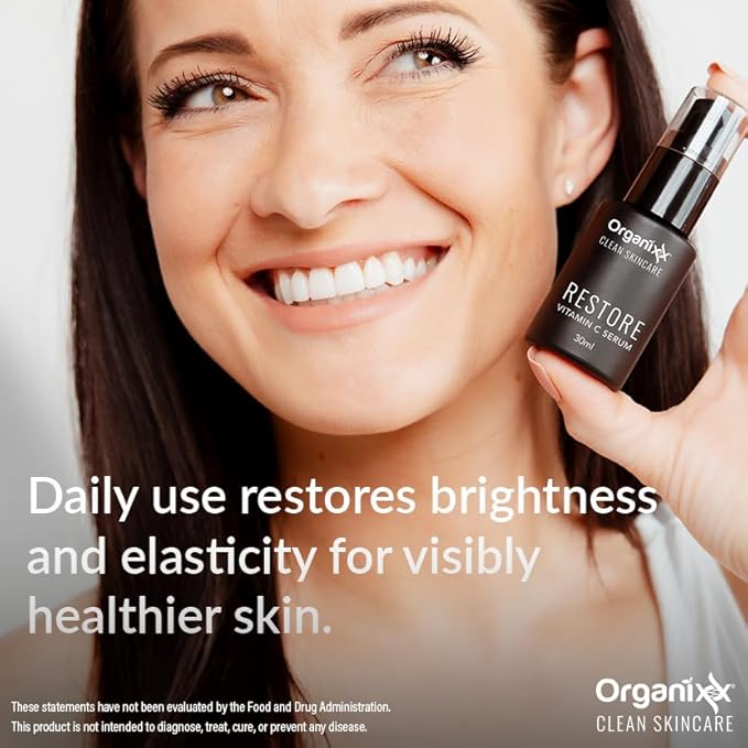 Organixx Restore Vitamin C Serum, Daily Face Serum With Hyaluronic Acid, Organic Vitamin E, Witch Hazel, Glycerin, & Aloe Vera, Brightening Formula, Gentle on Sensitive Skin, Vegan Skin Care, 1 FL Oz