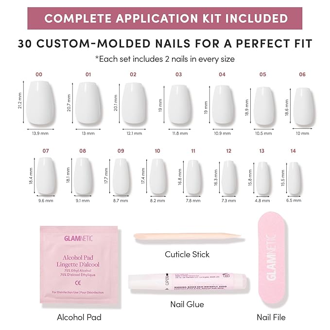 Glamnetic Press On Nails - Oat Milk | Medium Coffin White Fake Nails, Salon Quality Milky Nails | 15 Sizes - 30 Nail Kit with Glue