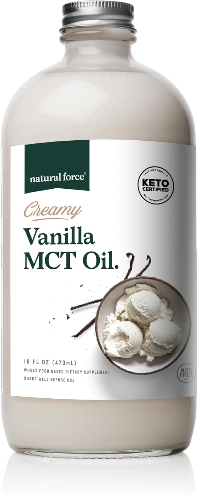 Natural Force Creamy Vanilla MCT Oil – Non Dairy, Keto Certified, Emulsified MCTs for Low-Carb, Ketogenic Coffee, Smoothies, & Shakes - Mixes Instantly + No Blending Required – 16 Oz Glass Bottle