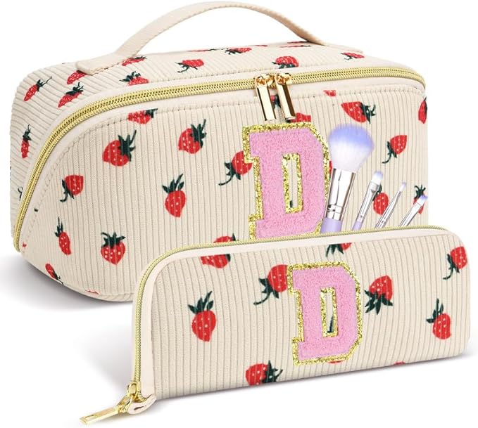 Personalized Travel Makeup Bag Set,Initial Travel Strawberry Makeup Organizer Bag,Toiletry Skincare Cosmetic Bag, Valentine's Day Gifts for Women/Girls/Teen,Open Flat Toiletry Pouch with Brush Bag