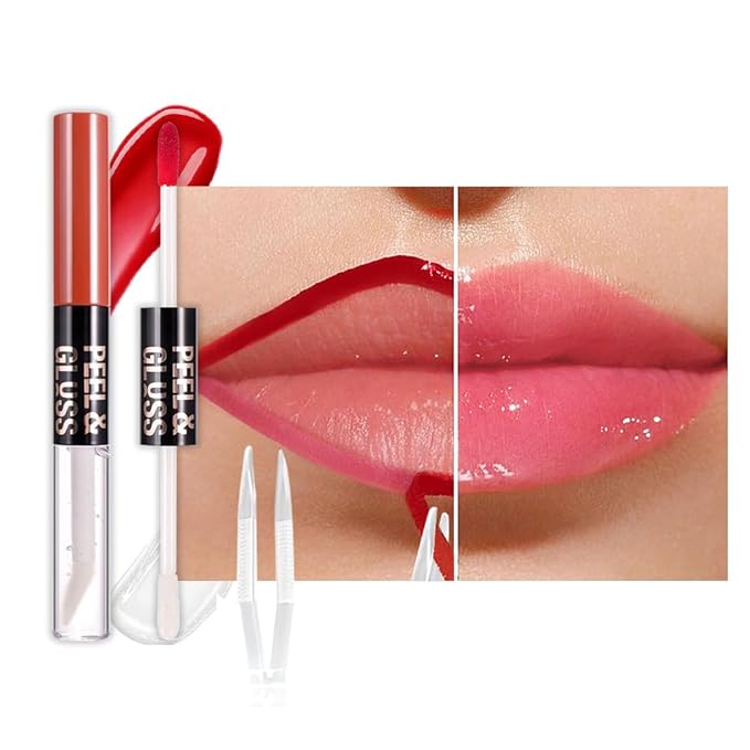 JUAAZIN Dewy Rose Lip Stain Peel Off Lip liner and Lip oil with Tweezer, Dual-Ended Peel Off Lip Stain Tattoo, Highly Pigmented Long Lasting Waterproof, Transfer-proof for All Skin Types, 02#