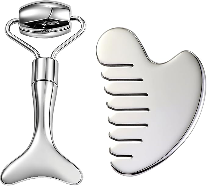 Gua Sha Facial Tools and Face Roller Set, Stainless Steel Facial Sculpting Eyes Roller Guasha for Face, Chin & Jawline Sculpting,Skin Care