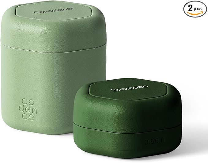 Cadence Travel Containers - 2 Piece Haircare Set - Magnetic Travel Capsules - For Shampoo, Conditioner, Hair Styling Product - 1 Small & 1 Medium Capsule - Shampoo & Conditioner Labels - Evergreen