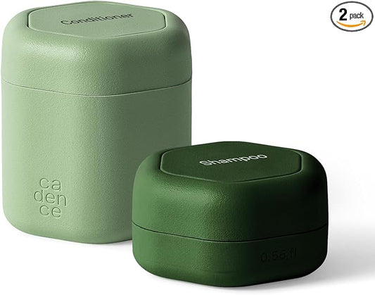 Cadence Travel Containers - 2 Piece Haircare Set - Magnetic Travel Capsules - For Shampoo, Conditioner, Hair Styling Product - 1 Small & 1 Medium Capsule - Shampoo & Conditioner Labels - Evergreen