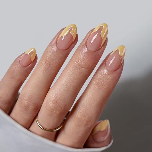 BTArtbox French Tip Press On Nails - Lamp-Curable Short Almond Press On Nails with Glue for Women, Semi-Transparent Soft Gel Glue On Nails in 16 Sizes - 32 Stick On Nails Kit, Lemon Fizz