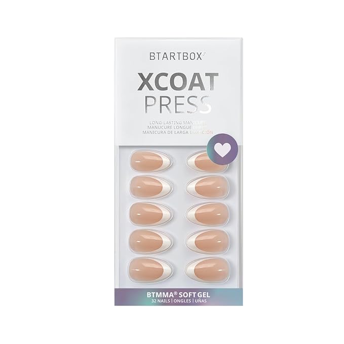 BTArtbox Press On Nails Short - Almond French Tip Press On Nails with Glue for Women, Soft Gel Glue On Nails in 16 Sizes - 32 Stick On Nails Kit, White French