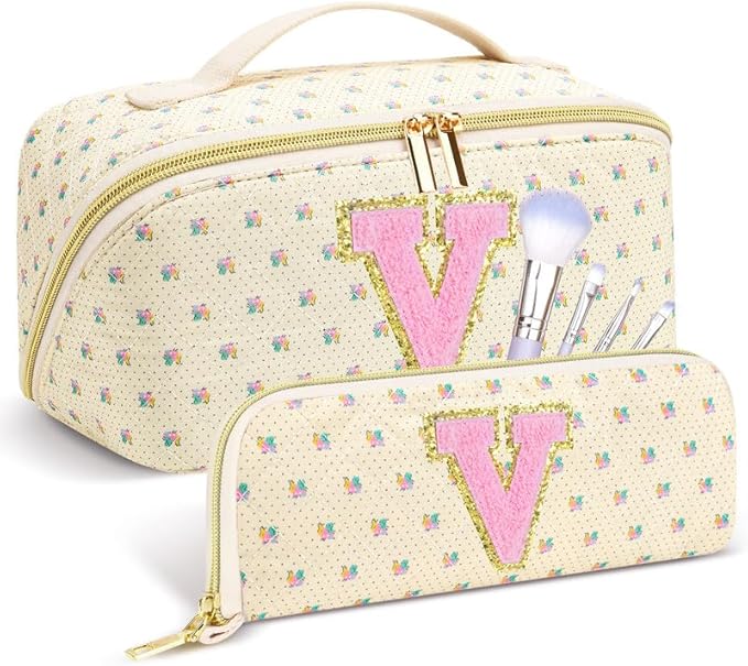 Personalized Travel Makeup Bag Set, Initial Travel Cute Floral Makeup Organizer Bag, Beige Toiletry Skincare Cosmetic Bag, Valentine’s Day Gifts for Women/Girls, Open Flat Toiletry Pouch Brush Bag