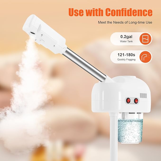 Facial Steamer & Professional Ozone Face Steamer, Adjustable Height Steamer on Wheels with 360° Rotating Nozzle and Hot Mist Function, Home and Salon Use Facial Care Equipment