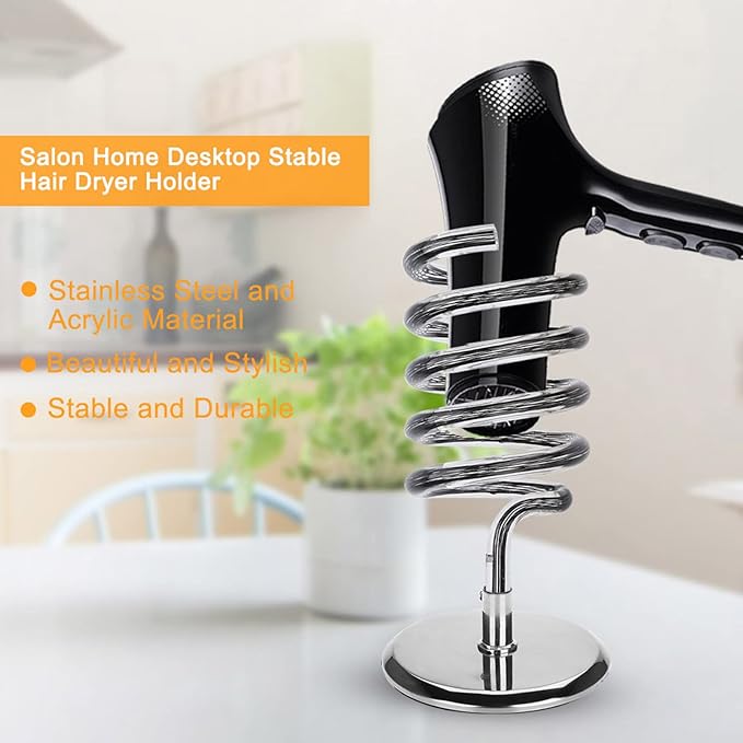 Hair Dryer Holder Countertop, Acrylic Hair Dryer Stand with Stainless Steel Base, Blow Dryer Holder Hair Tool Organizer for Bathroom, Vanity, Salon, Home