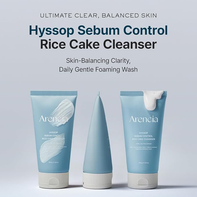 ARENCIA Hyssop Sebum Control Rice Cake Cleanser, 5.29 oz, AHA Tea Tree Face Wash for Oily Combination Skin