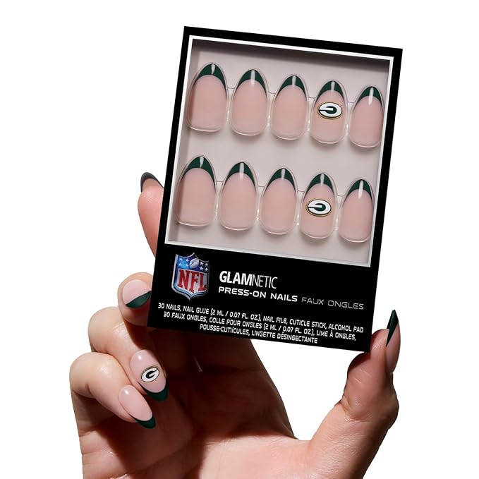Glamnetic x Fanatics Press On Nails - Green Bay Packers | Short Almond Fake Nails, NFL Packers Green French Tips, Football Nails, Salon-Quality | 15 Sizes - 30 Nail Kit with Glue