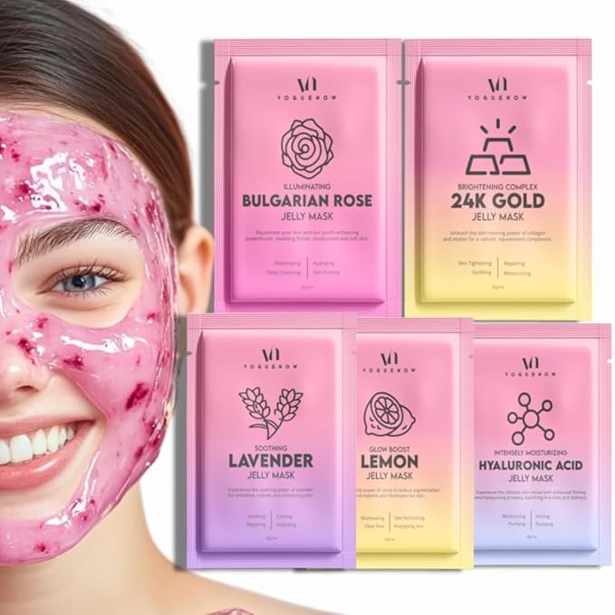 Jelly Mask for Facials - 12 Flavors Hydrating & Brightening Jelly Face Masks | Free Jade Roller & Spatula | Bulgarian Rose, Lavender, Hyaluronic Acid, 24K Gold face mask skin care |Vajacial Jelly Mask