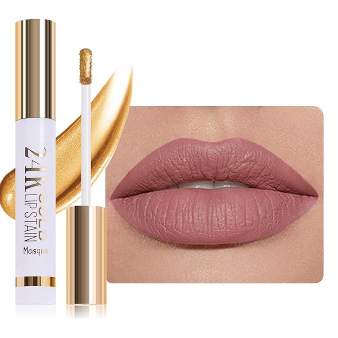 JUAAZIN All Day Lip Stain Peel Off Gold Liquid Lip Gloss Tattoo, Mauve Matte Finish Peel Off Lip Stain Masque, Long Lasting Waterproof Lip Tint, Transfer-proof for All Skin Types 04#