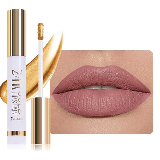 JUAAZIN All Day Lip Stain Peel Off Gold Liquid Lip Gloss Tattoo, Mauve Matte Finish Peel Off Lip Stain Masque, Long Lasting Waterproof Lip Tint, Transfer-proof for All Skin Types 04#