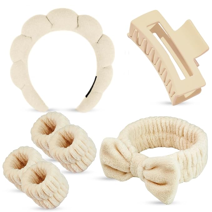 Yaqulen 7 Pcs Spa Set, Facial Headband and Wristband Set, Skincare Accessories, College Style Girl Idea Gifts, Hair Accessories for Women and Girls (Khaki)