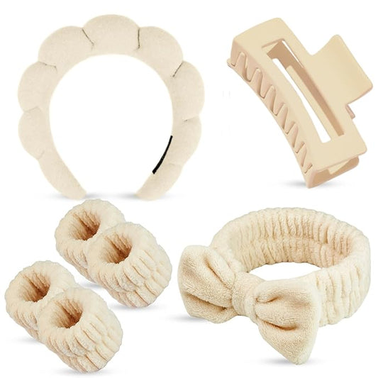 Yaqulen 7 Pcs Spa Set, Facial Headband and Wristband Set, Skincare Accessories, College Style Girl Idea Gifts, Hair Accessories for Women and Girls (Khaki)