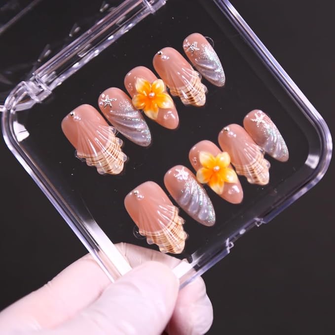 MAGLFELL Press On Nails Medium Almond Nails, Handmade 3D Design Fake Nails with Thick Acrylic Multi-Layer Gel Nails, Reusable Durable DIY Artificial Nails for Women (10 Pieces)