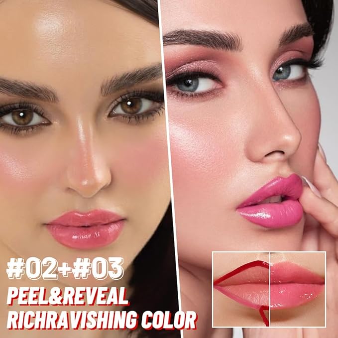 JUAAZIN 2Pcs Lip Stain Peel Off Lip Gloss oil Dual-Ended Combo, Lips Liner Stain Peel Off Masque, Long Lasting & Waterproof, Transfer-Proof Lip Tint Stain with Lip oil for All Skin Type 02#+03#