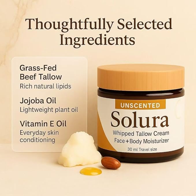 Solura Whipped Tallow Cream, with 100% Grass-Fed Organic Beef Tallow, Jojoba Oil & Vitamin E Oil for Face & Body, Pure Natural Moisturizing Cream, Deeply Moisturizes Dry Skin, Unscented - 30 ml (1)