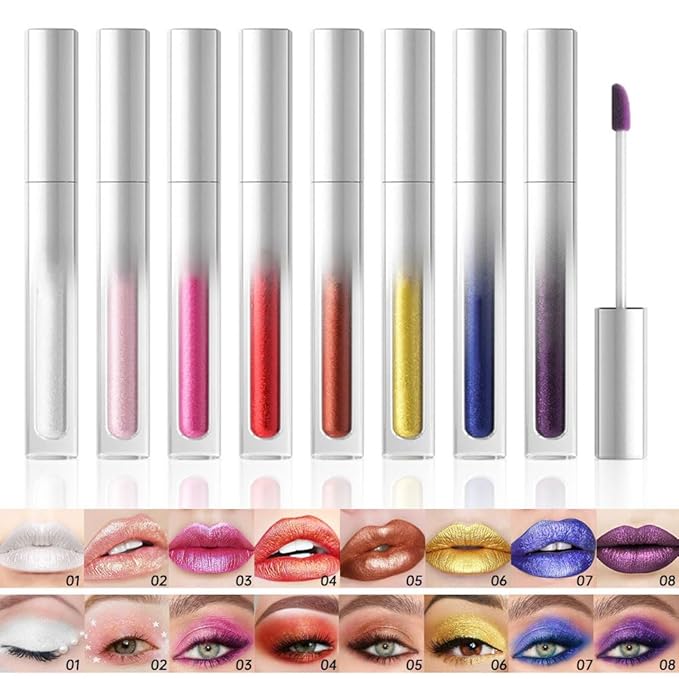 Hxssll Pearlescent Metallic Lip Gloss & Liquid Eyeshadow 2-in-1, Long Lasting Waterproof Glitter Lipstick, Shimmer Lip Color, High Pigment Metallic Glitter Eyeshadow Makeup for Women 01