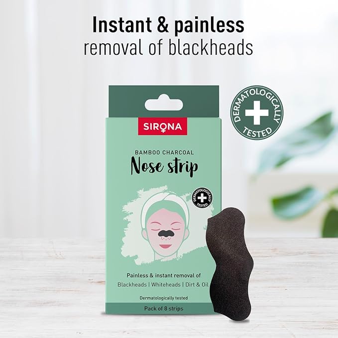 Sirona Blackhead Remover Bamboo Charcoal Nose Strips for Women – Pack of 8 | Painless & Instant Removal of Whiteheads, Blackheads, Pore Cleanser, Dirt & Oil
