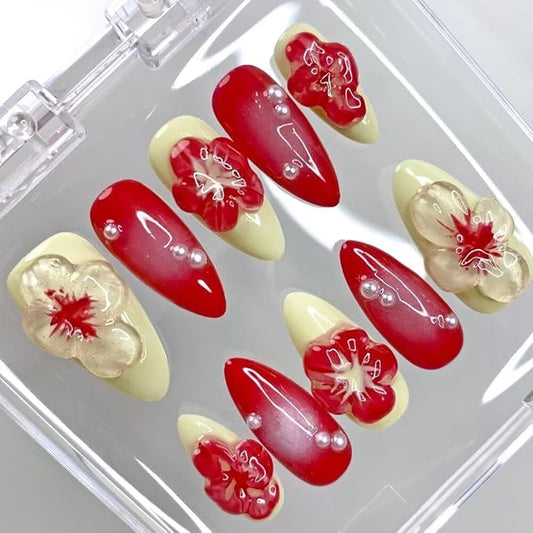 Small size MAGLFELL Women Press On Nails - 3D Almond Handmade 10Pcs Unique Fake Nails, Artistic Design, Thick Acrylic and Muti-Layer Gel False Nails-S size