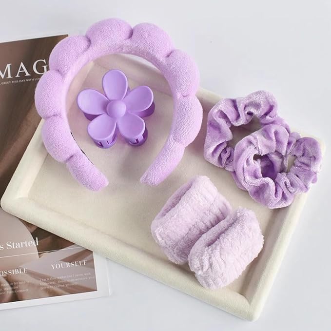 BluOcnMkt 6PCS Spa Headband Set Purple Skincare Makeup Sponge Headbands for Women, Large Flower Hair Clip, Velvet Neon Scrunchies
