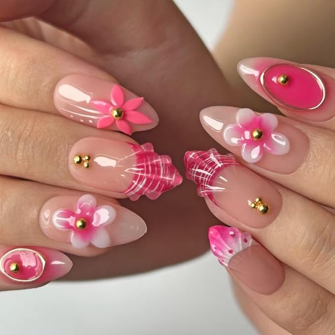 MAGLFELL 10Pcs Press On Nails Handmade Almond Shaped Fashionable Nail Art for Women, 3D French Floral Fake Nails, Reusable Artificial False Nails Pink Acrylic Nails Kit (Size M)