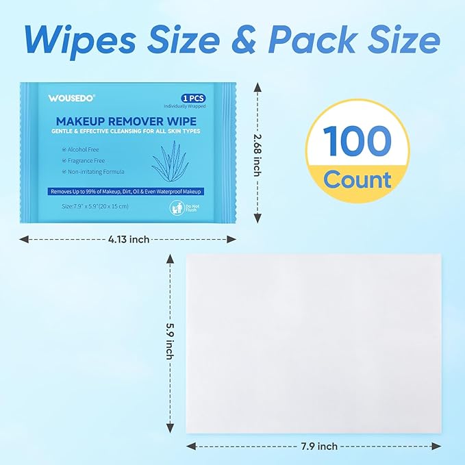 48 Count Makeup Remover Wipes, Bulk Gentle Cleansing Facial Towelettes, Individually Wrapped Travel Size,Alcohol-Free & Hypoallergenic for All Skin Types