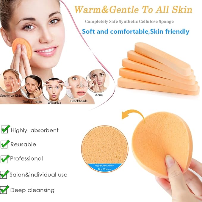 Mgiflw Compressed Facial Sponge,Reusable Makeup Blender 60 Count,Soft Round Wash Sponges for Estheticians Makeup Removal,Face Cleansing Exfoliating Compress Spa Pads for Women,Orange