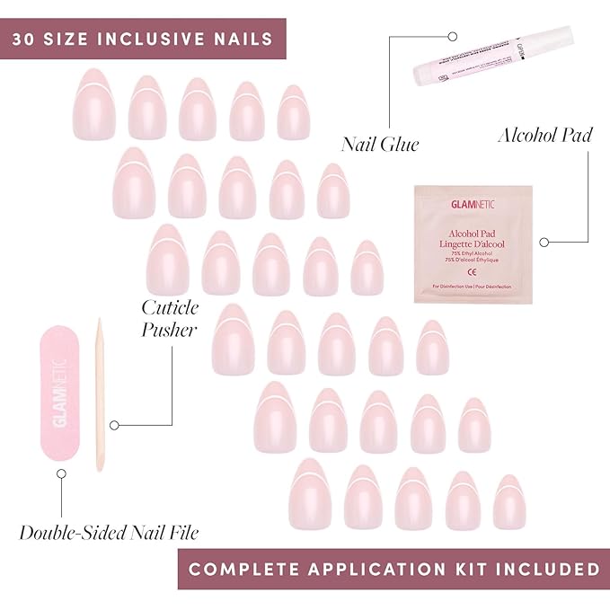 Glamnetic Press On Nails - Heavenly | Semi-Transparent Neutral Nude Trendy French Tip Short Almond Fake Nails, Salon Quality | 15 Sizes - 30 Nail Kit