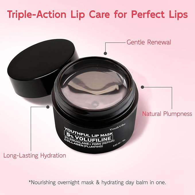 YouthVibe Lip Sleeping Mask Overnight Moisturizing – 5% Volufiline, Squalane, Shea Butter, PDRN & Collagen Hydrating Lip Mask Treatment for Lip Care, Dry & Flaky Lips, Pack of 2