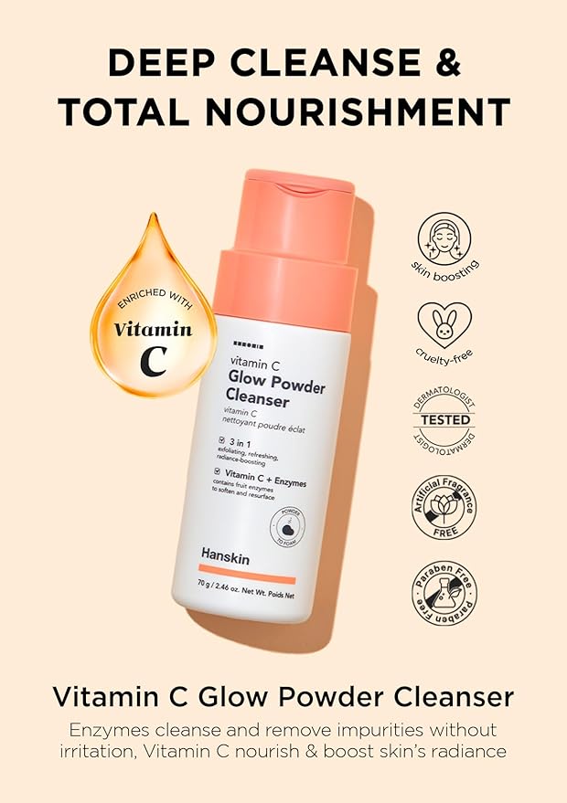 Hanskin Vitamin C Glow Powder Cleanser – Korean Brightening, Exfoliating Face Wash | Papaya Enzyme + Vitamin C for Radiant, Smooth, Even-Toned Skin | Gentle Daily Powder-to-Foam Cleanser | 2.36 fl oz