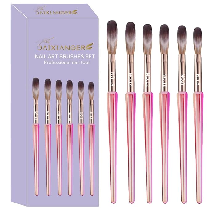 DAIXIANGER 6Pcs Acrylic Nail Brush Set, Size 6/8/10/12/14/18 - Professional Nail Brushes for Acrylic Application Powder & Nail Extension, 3D Nail Carving Tools for DIY Home Salon Manicure-Pink