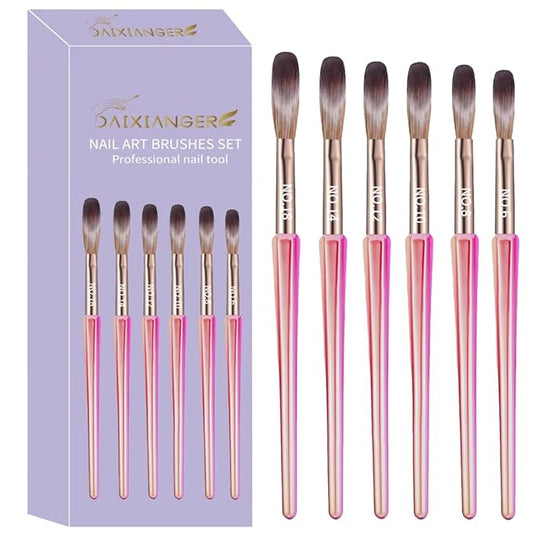 DAIXIANGER 6Pcs Acrylic Nail Brush Set, Size 6/8/10/12/14/18 - Professional Nail Brushes for Acrylic Application Powder & Nail Extension, 3D Nail Carving Tools for DIY Home Salon Manicure-Pink