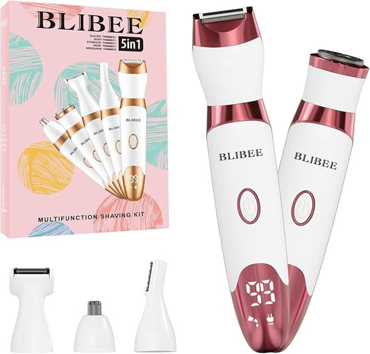 BLIBEE Bikini Trimmer for Women, LED Display Electric Razors for Women, 5-in-1 Electric Shaver, Rechargeable Painless Pubic Hair Trimmer for Legs, Underarms, Face & Sensitive Skin (Purple)